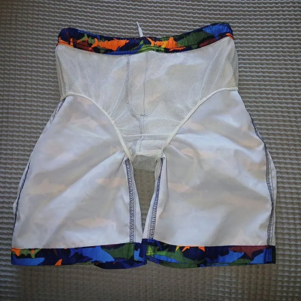 LANDS END Boys XL 14/16 Swim Trunks Mesh Lining Beach Colorful Shark Pattern